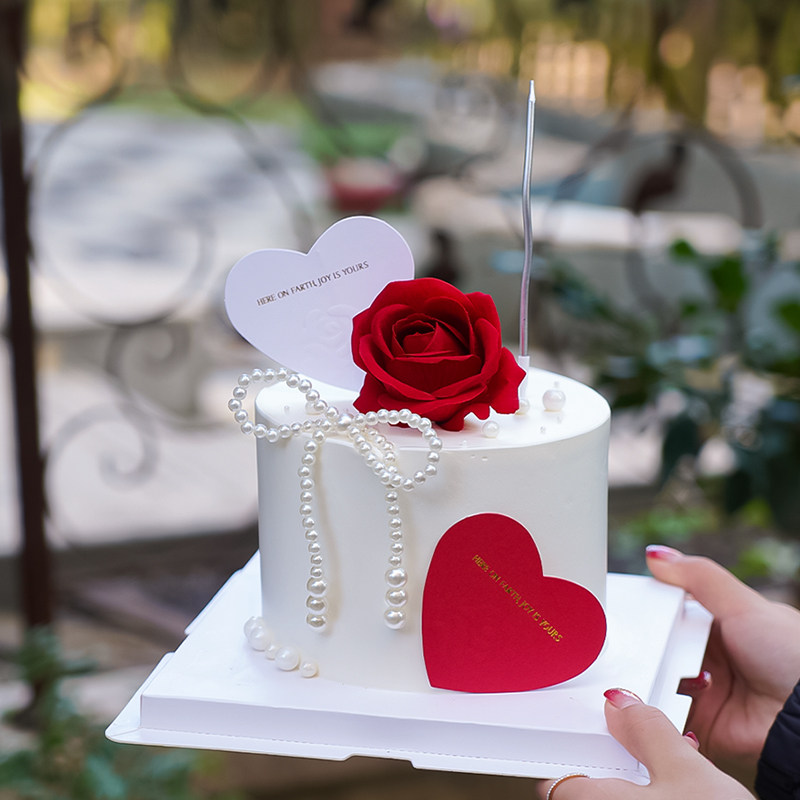 2.14情人节爱心浮雕卡片蛋糕装饰情侣告白插卡珍珠蝴蝶结甜品摆件