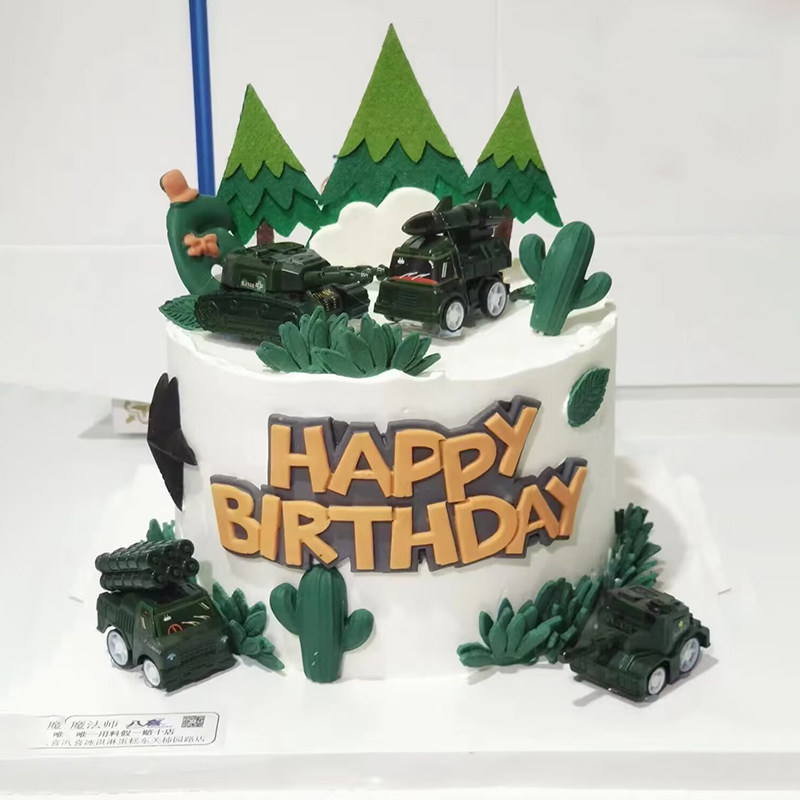 网红军事绿色坦克军人蛋糕装饰品摆件兵哥哥男孩生日烘焙装扮插件