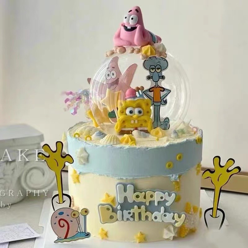 创意生日蛋糕装饰品黄宝宝派大星章鱼哥摆件卡通男孩儿童插件-图2