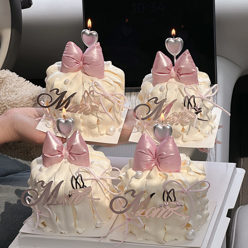 网红母亲节心形蜡烛小蛋糕装饰摆件MOM节日快乐亚克力蝴蝶结插件 - 图1