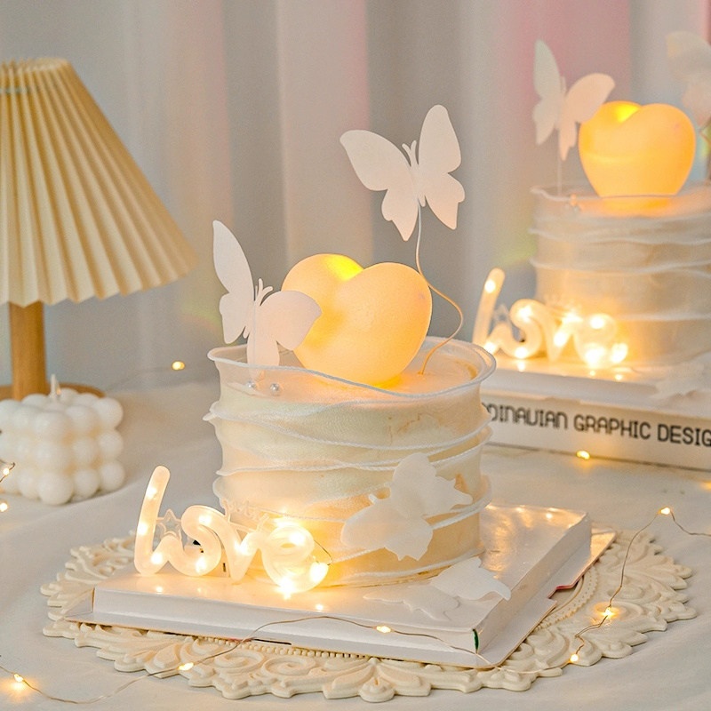 2024情人节蛋糕装饰发光爱心love灯摆件网红2.14情侣生日蝴蝶插件