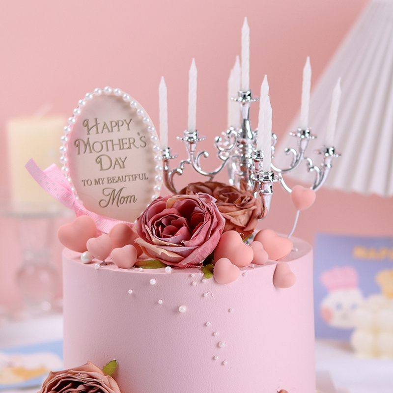 2024母亲节复古玫瑰花蛋糕装饰珍珠银色烛台妈妈节日甜品烘焙插件-图3