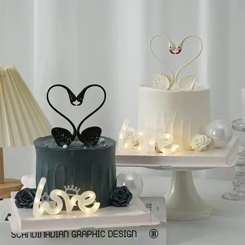 2.14情人节唯美黑白天鹅生日蛋糕装饰品摆件女神告白烘焙蛋糕装扮