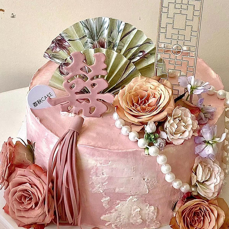 国潮新中式订婚宴结婚百日礼仿真花情人节甜品台蛋糕装饰烘焙插件