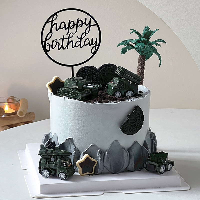 网红军事绿色坦克军人蛋糕装饰品摆件兵哥哥男孩生日烘焙装扮插件