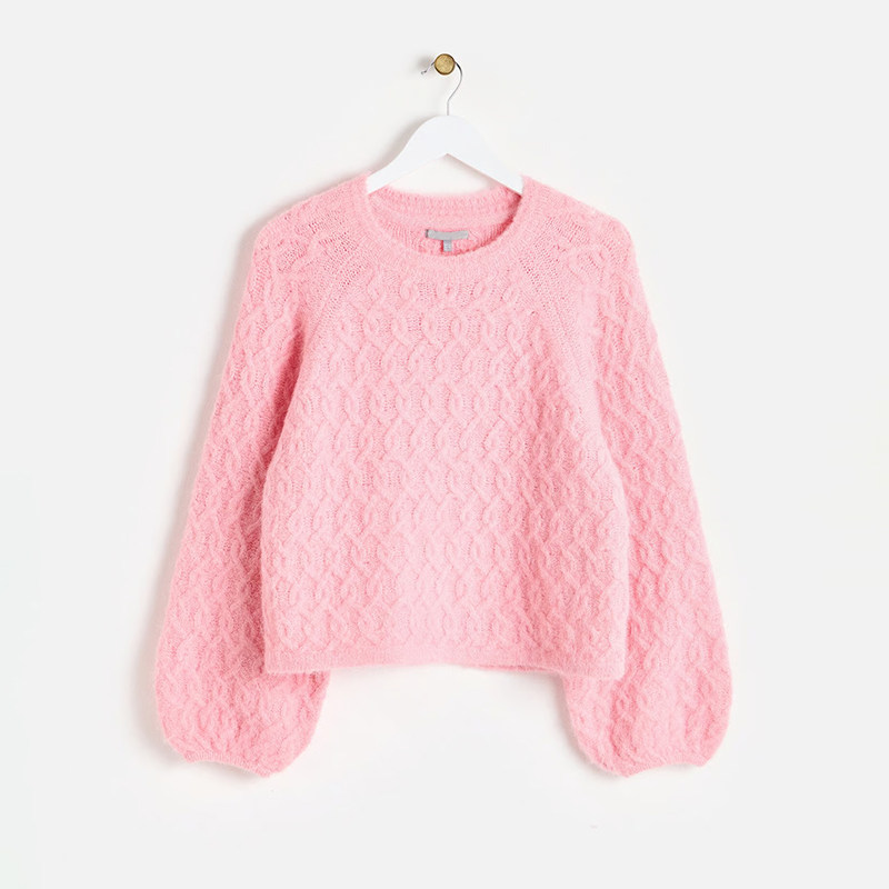 英伦美学OB 女款  粉色麻花泡泡袖宽松针织衫 D583,淘宝优惠券,粉丝福利购,淘宝优惠卷