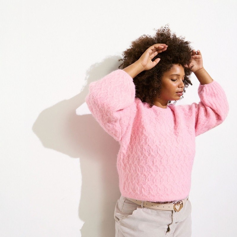 英伦美学OB 女款  粉色麻花泡泡袖宽松针织衫 D583,淘宝优惠券,粉丝福利购,淘宝优惠卷