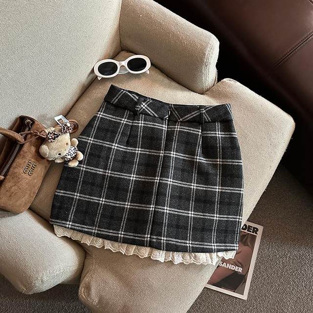 College style hip-hugging A-line skirt plus size autumn and winter sweet hottie patchwork lace plaid skirt retro woolen skirt