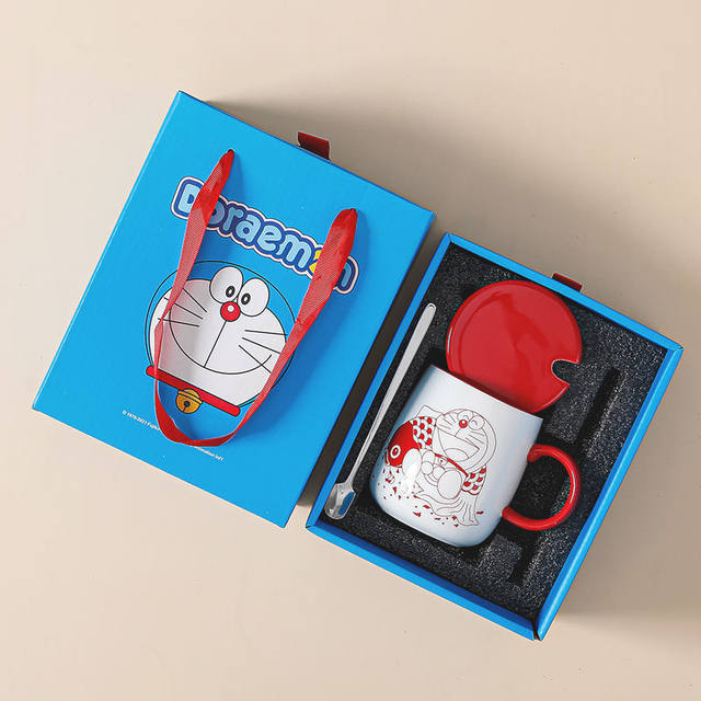 Doraemon jingle internet celebrity cat paper cut cup mug ceramic coffee cup girl cartoon high-faced red couple