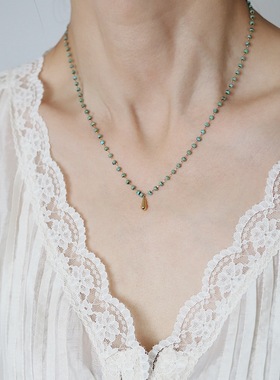 复古小众轻奢绿色串珠水滴项链