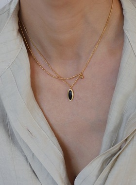 小众高级Vintage复古法式椭圆黑色项链锁骨链不掉色配饰礼物