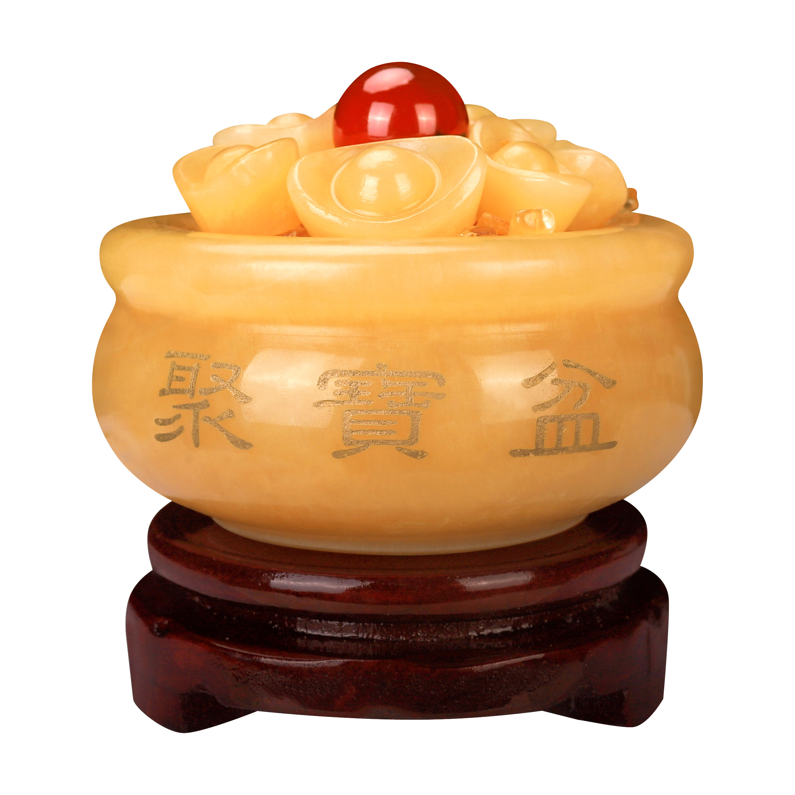 天然米黄玉聚宝盆玉石元宝招财玉器家居聚财玉雕装饰工艺品摆件