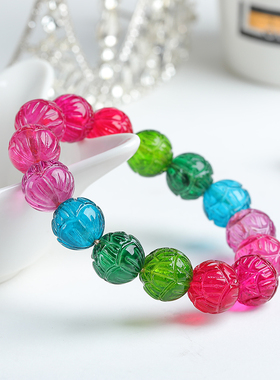 天然原矿巴西帕拉伊巴蓝鸽血红祖母绿碧玺三色雕刻莲花女士款手链