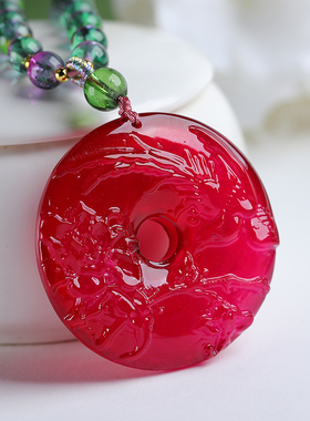 天然老矿巴西鸽血红卢比来碧玺雕刻凤穿牡丹搭配西瓜碧圆珠平安扣