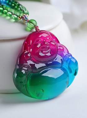 天然老矿巴西西瓜碧玺雕刻佛公吊坠搭配彩虹碧玺珠链女吊坠毛衣链