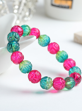 天然原矿巴西帕拉伊巴蓝鸽血红西瓜碧玺红蓝双色雕刻莲花女款手链