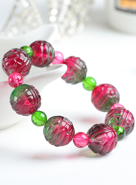 天然老矿巴西彩虹西瓜双色大颗粒雕刻碧玺男女款古风艳丽圆珠手链