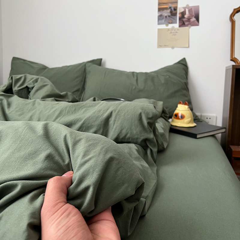 ins四件套纯棉全棉新款水洗棉被罩床单被套学生宿舍三件套床笠款 - 图1