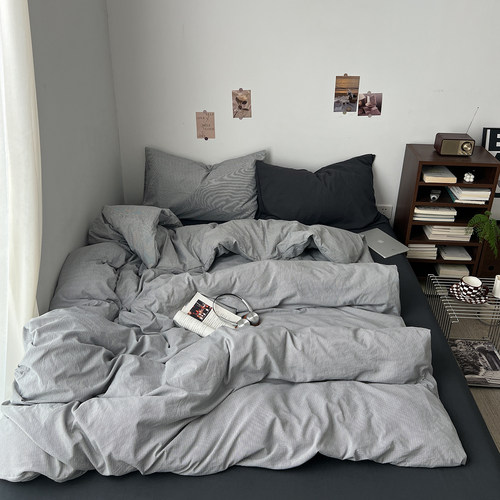 新款A类韩系全棉四件套条纹格子水洗纯棉被套床单学生宿舍三件套4 - 图3