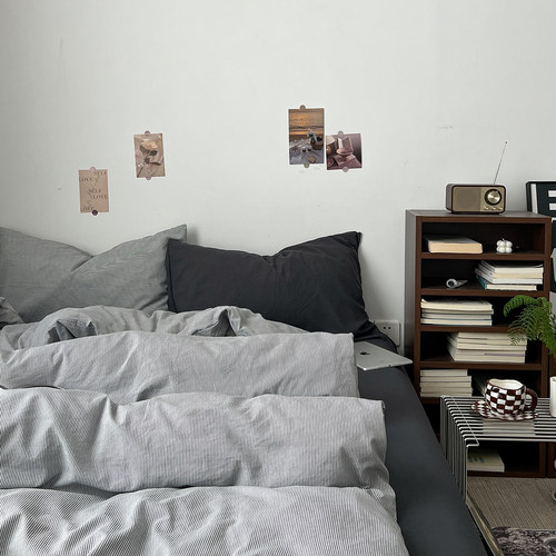 新款A类韩系全棉四件套条纹格子水洗纯棉被套床单学生宿舍三件套4 - 图2