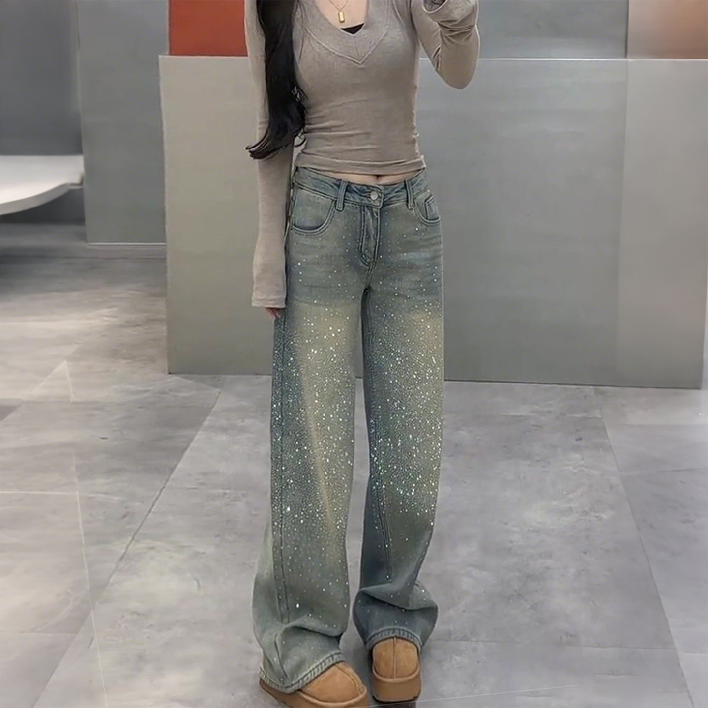 特大码女装胖mm满天星烫钻重工高腰阔腿牛仔裤女宽松显瘦直筒裤潮,淘宝优惠券,粉丝福利购,淘宝优惠卷