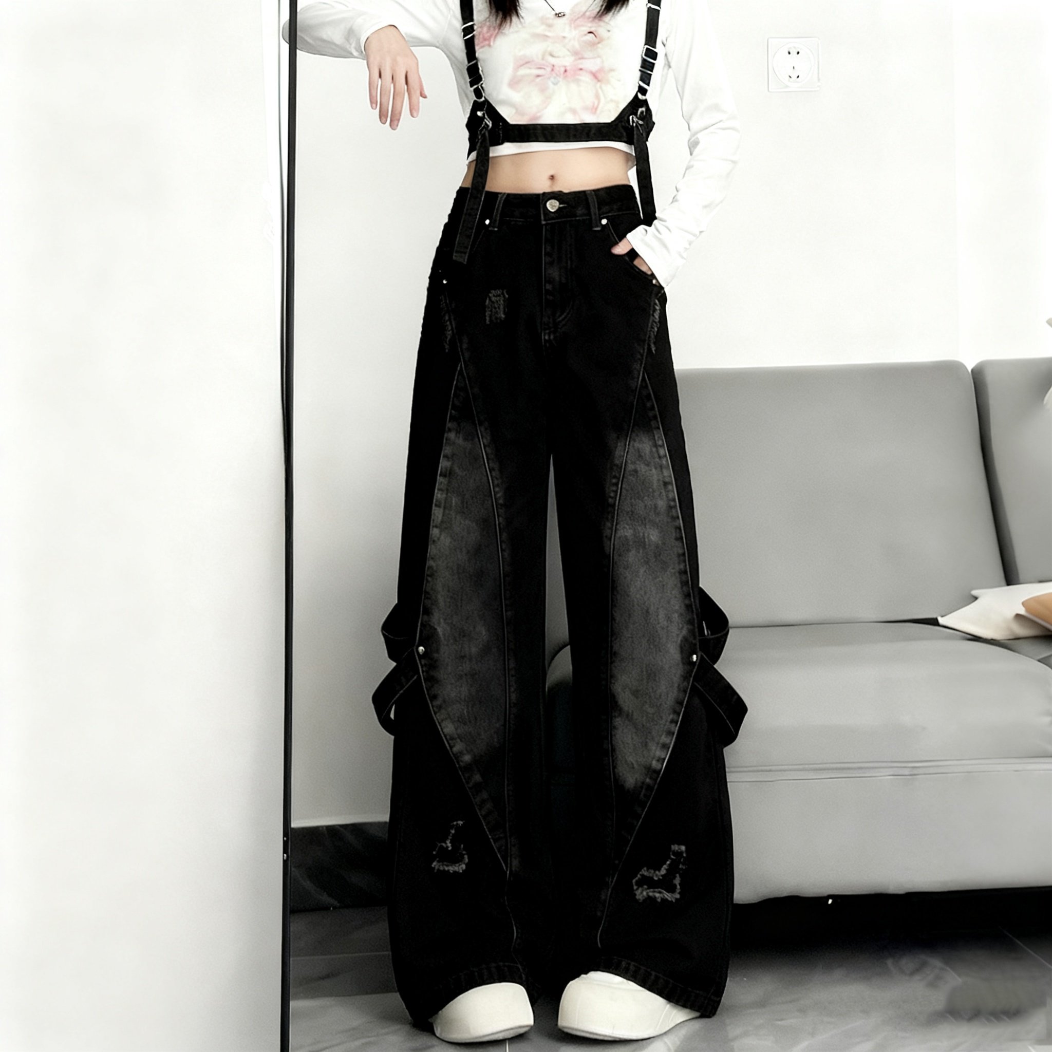 特大码女装胖mm复古水洗做旧拼接牛仔裤女高腰显瘦高街风阔腿长裤,淘宝优惠券,粉丝福利购,淘宝优惠卷