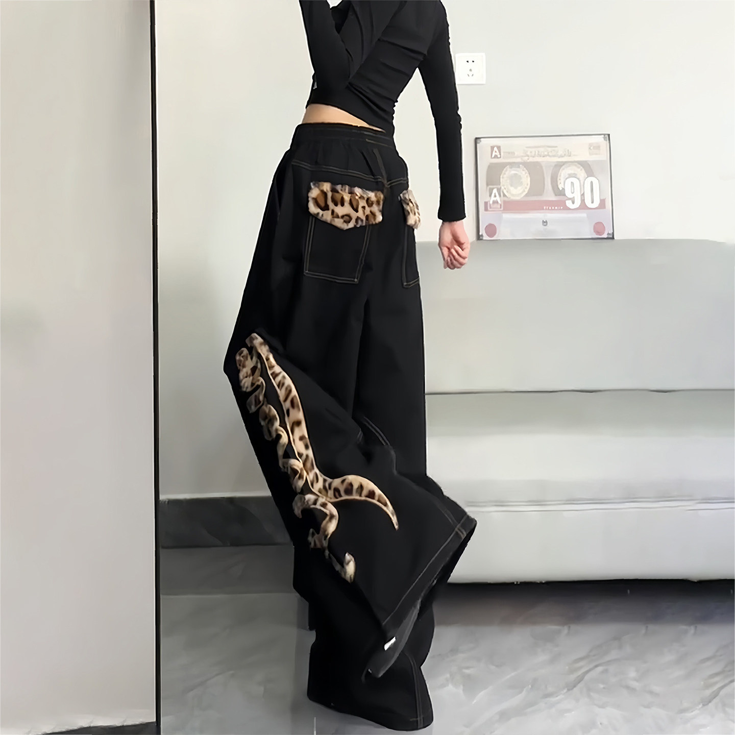 特大码女装胖mm豹纹刺绣黑色阔腿牛仔裤女梨型高腰显瘦百搭直筒裤,淘宝优惠券,粉丝福利购,淘宝优惠卷