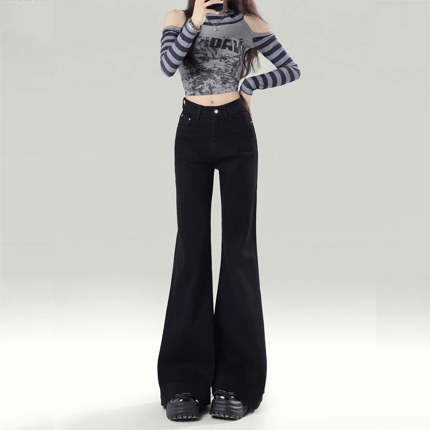 特大码女装胖mm黑色加绒加厚微喇牛仔裤女高腰显瘦喇叭马蹄裤子潮,淘宝优惠券,粉丝福利购,淘宝优惠卷