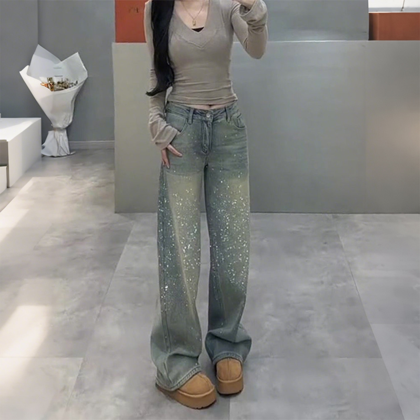 特大码女装胖mm满天星烫钻重工高腰阔腿牛仔裤女宽松显瘦直筒裤潮,淘宝优惠券,粉丝福利购,淘宝优惠卷