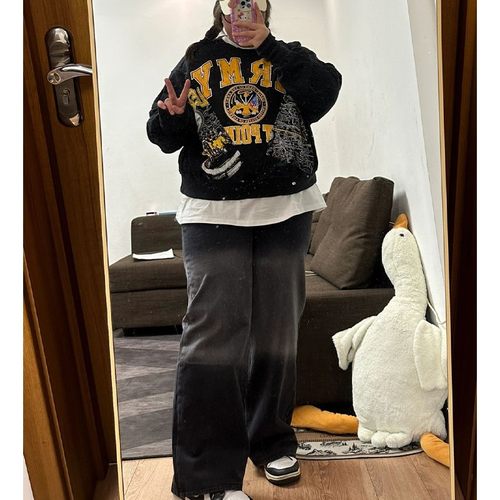 2-300斤胖mm大码女装渐变加绒加厚高腰牛仔裤秋冬新款宽松阔腿裤 - 图1