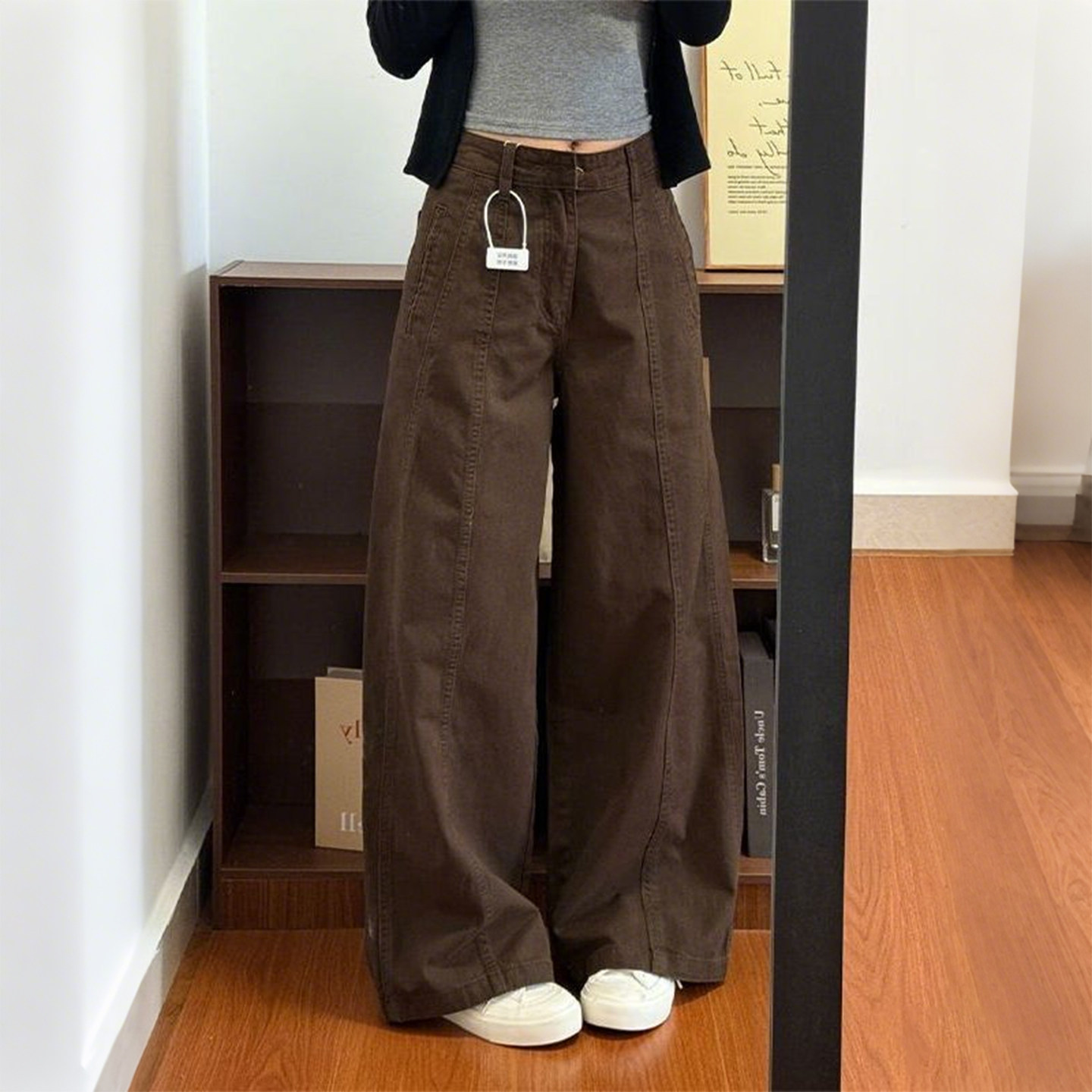 特大码女装胖mm美式风阔腿牛仔裤女咖色宽松高腰显瘦百搭复古长裤,淘宝优惠券,粉丝福利购,淘宝优惠卷