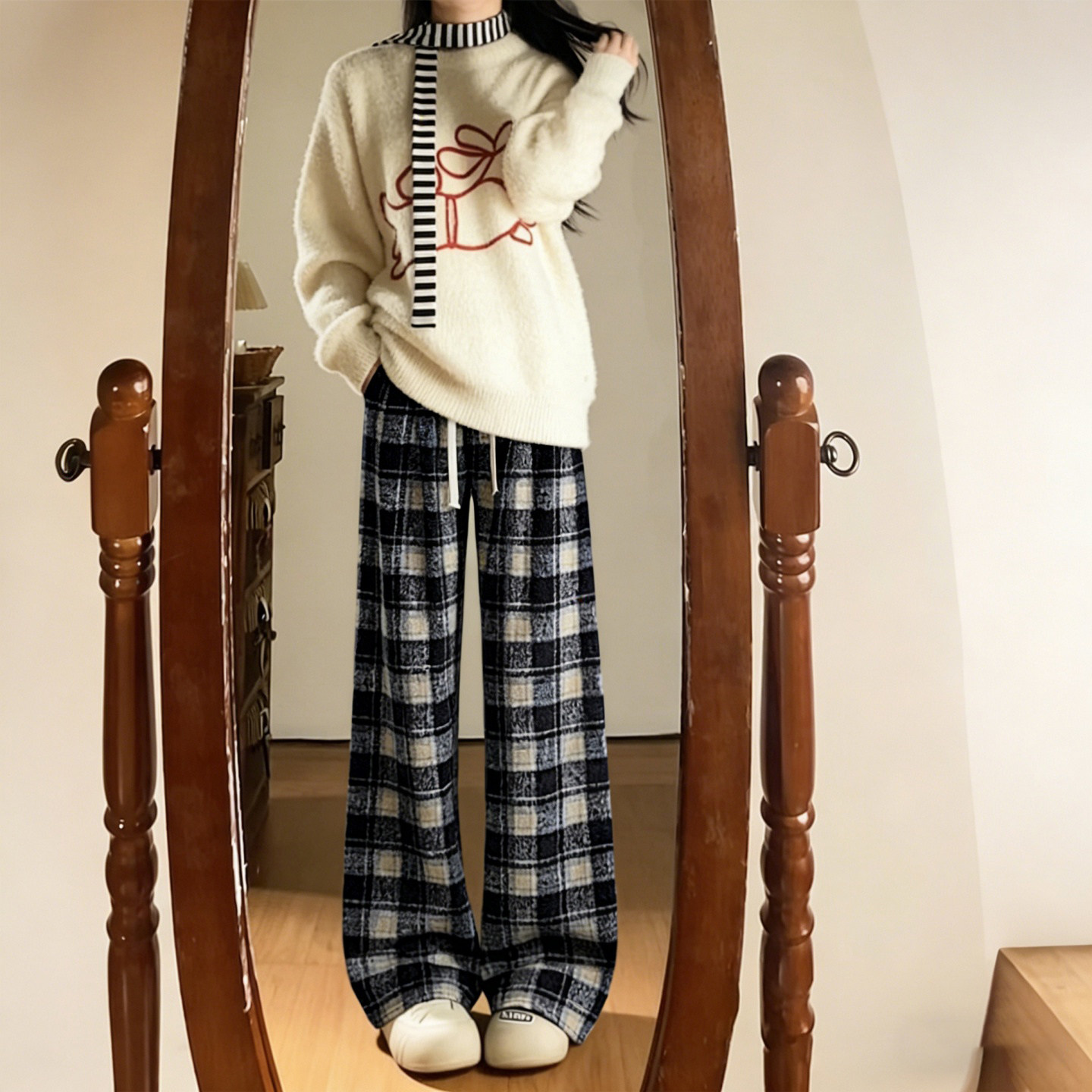 特大码女装胖mm复古格纹阔腿裤女宽松显瘦高腰百搭直筒休闲裤子潮,淘宝优惠券,粉丝福利购,淘宝优惠卷