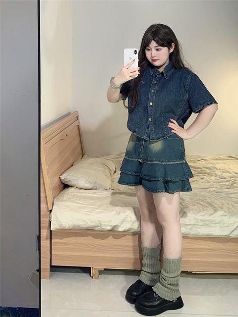 Plus size fat mm sweet and spicy denim top