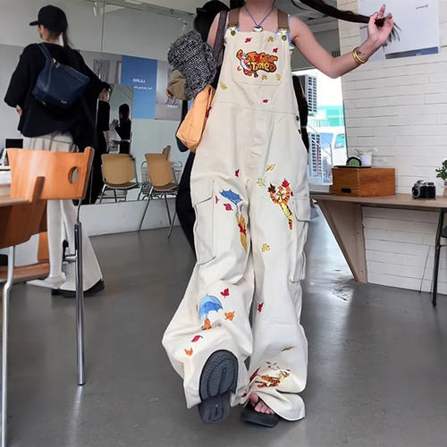 特大码女装胖mm美式慵懒风甜酷卡通小众刺绣牛仔背带裤宽松阔腿裤 - 图3