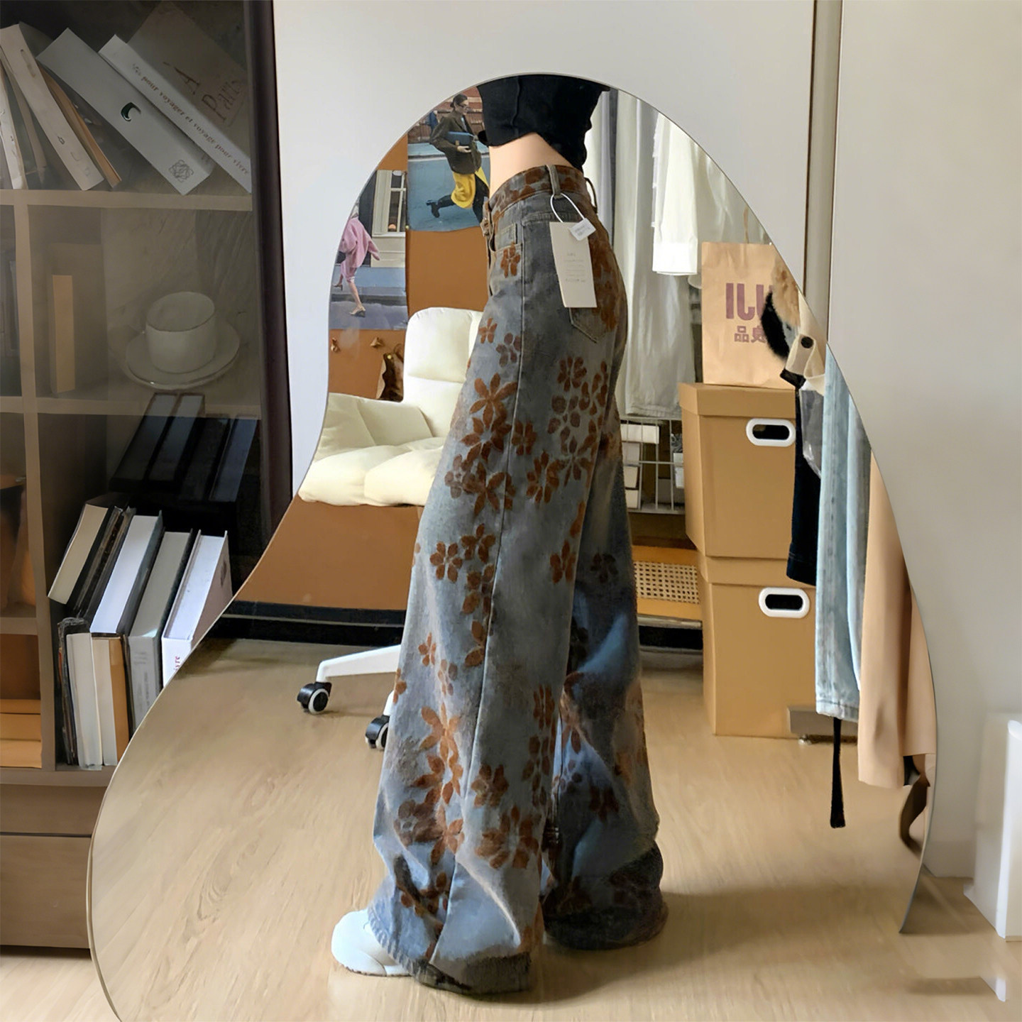 特大码女装胖mm复古设计感印花阔腿牛仔裤女高腰宽松显瘦弯刀裤潮,淘宝优惠券,粉丝福利购,淘宝优惠卷