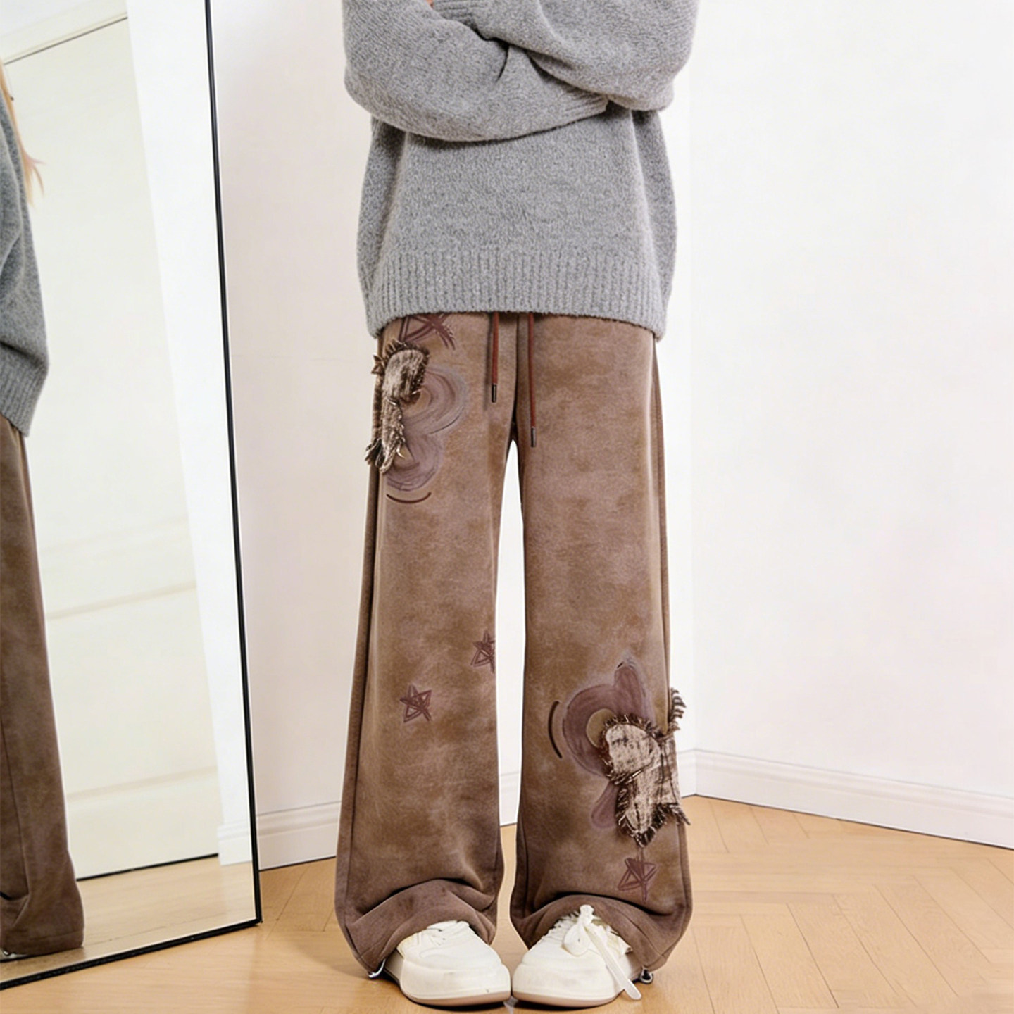 特大码女装胖mm梨型身材刺绣贴布阔腿裤女高腰显瘦百搭休闲直筒裤,淘宝优惠券,粉丝福利购,淘宝优惠卷