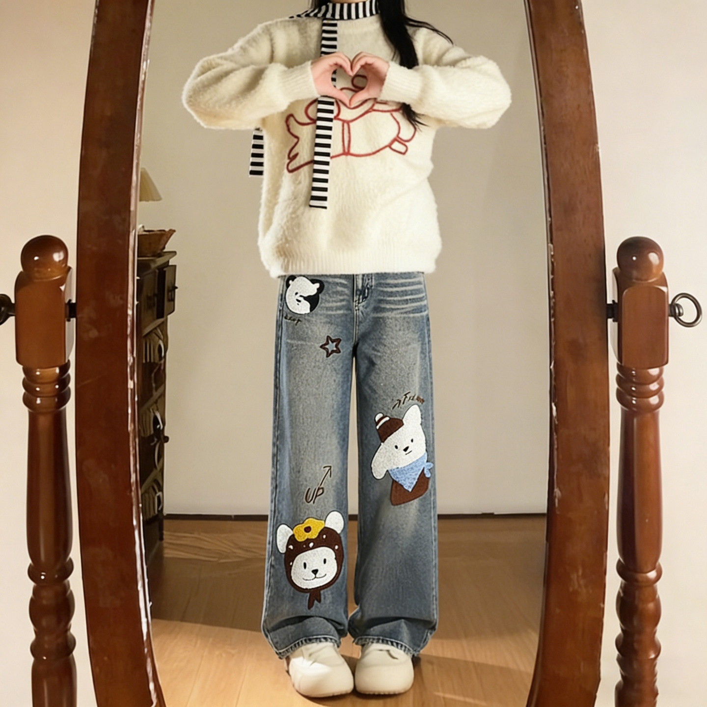 大码女装胖mm美式卡通风小狗贴布牛仔裤女高腰显瘦百搭直筒阔腿裤,淘宝优惠券,粉丝福利购,淘宝优惠卷