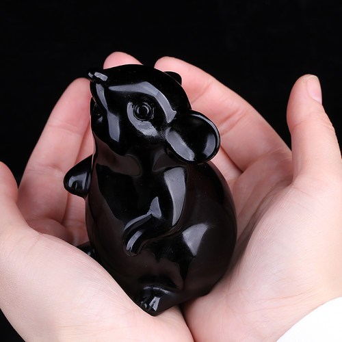 新品天然黑曜石老鼠摆件招财手把件家居客厅生肖装饰桌面工艺品 - 图0