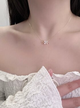 Ys银饰新款S925通体纯银法式复古高级感绿锆香槟锆花朵项链