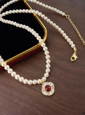 丽银饰品时尚轻奢高级感复古珍珠红玛瑙吊坠项链精致百搭锁骨链