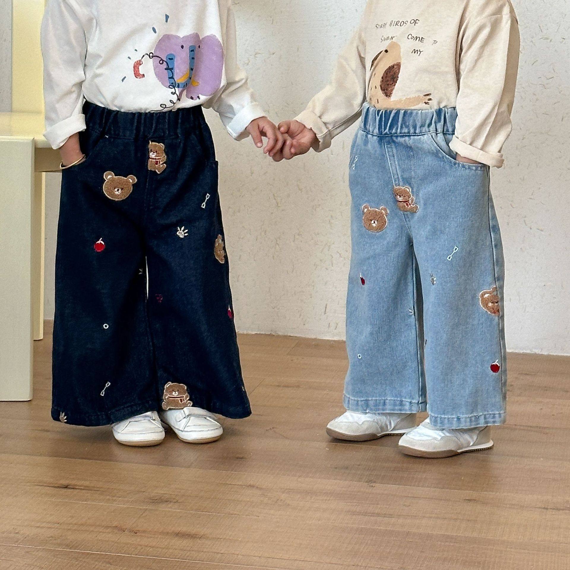 2026新款春秋儿童阔腿牛仔裤女童春装直筒小熊长裤宝宝休闲裤子潮,淘宝优惠券,粉丝福利购,淘宝优惠卷