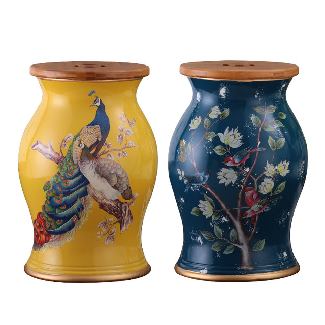 New flower and bird bamboo wood craft decorative storage drum stool