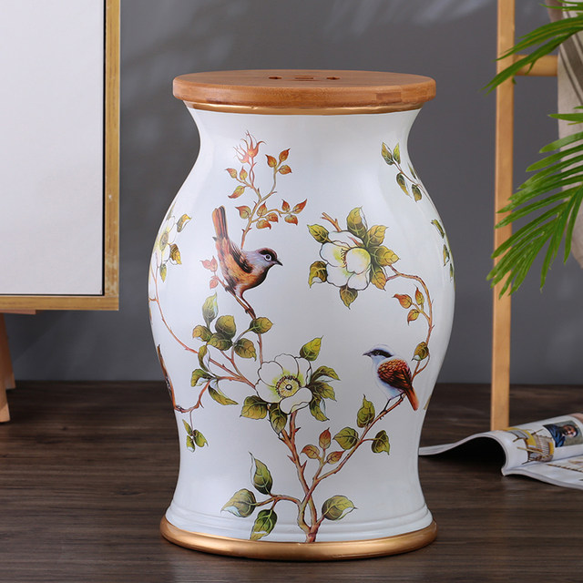 New flower and bird bamboo wood craft decorative storage drum stool