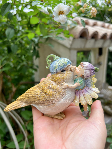 可爱出口原厂精致树脂花仙子小鸟精灵摆件花园阳台装饰品杂货一对 - 图2