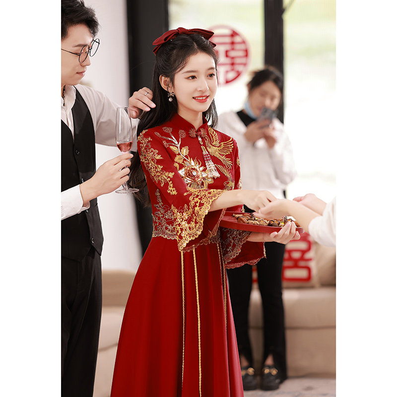 中式新娘2023酒红色夏季改良敬酒服 韩兰朵礼服/晚装