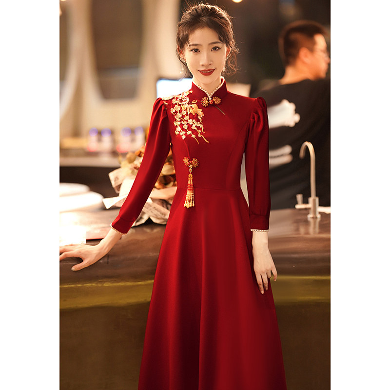 旗袍新娘酒红色2021新款订婚礼服 韩兰朵礼服/晚装