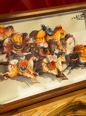 中式复古木质八骏图装饰摆件