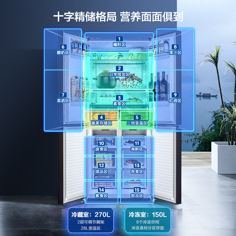 美菱420l十字四门对开门风冷冰箱 美菱冰箱冷柜厨房冰箱