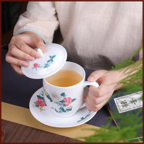 釉下彩手绘陶瓷茶杯毛瓷杯薄带盖中式办公会议杯500毫升单杯礼品 - 图0