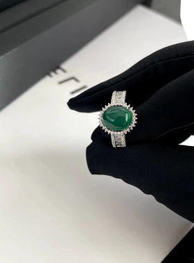 [翡绿蛋面]招财纳福绿玉髓白茶清欢戒指时尚开口镀14K金戒指简约